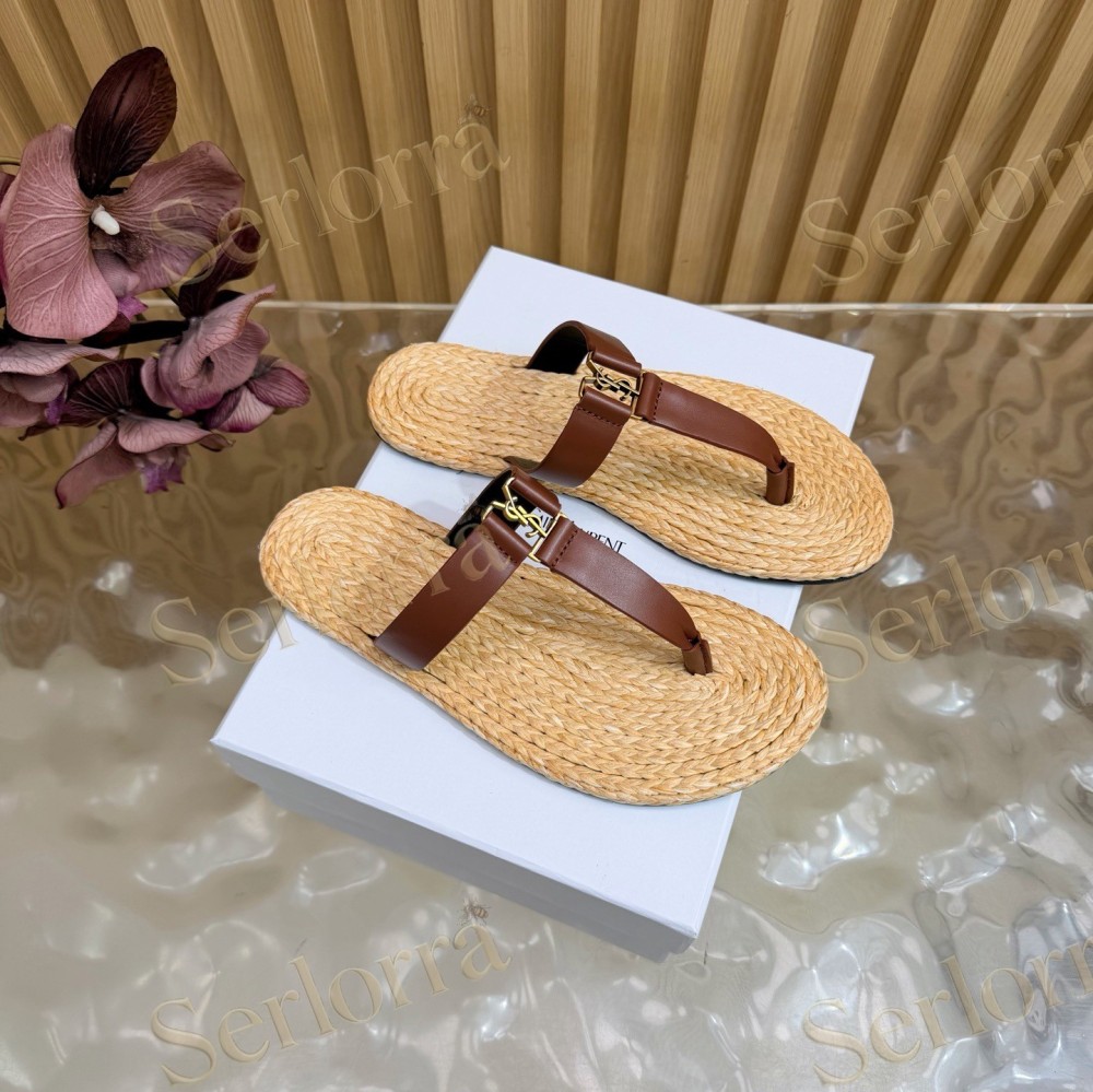 SAINT LAURENT RAFFIA GOLD LOGO LEATHER THONG SANDALS