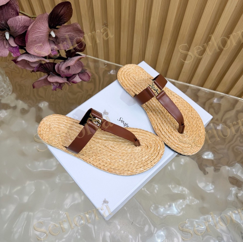 SAINT LAURENT RAFFIA GOLD LOGO LEATHER THONG SANDALS