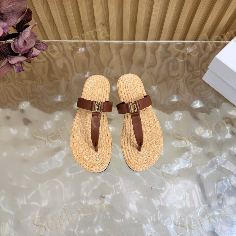 SAINT LAURENT RAFFIA GOLD LOGO LEATHER THONG SANDALS