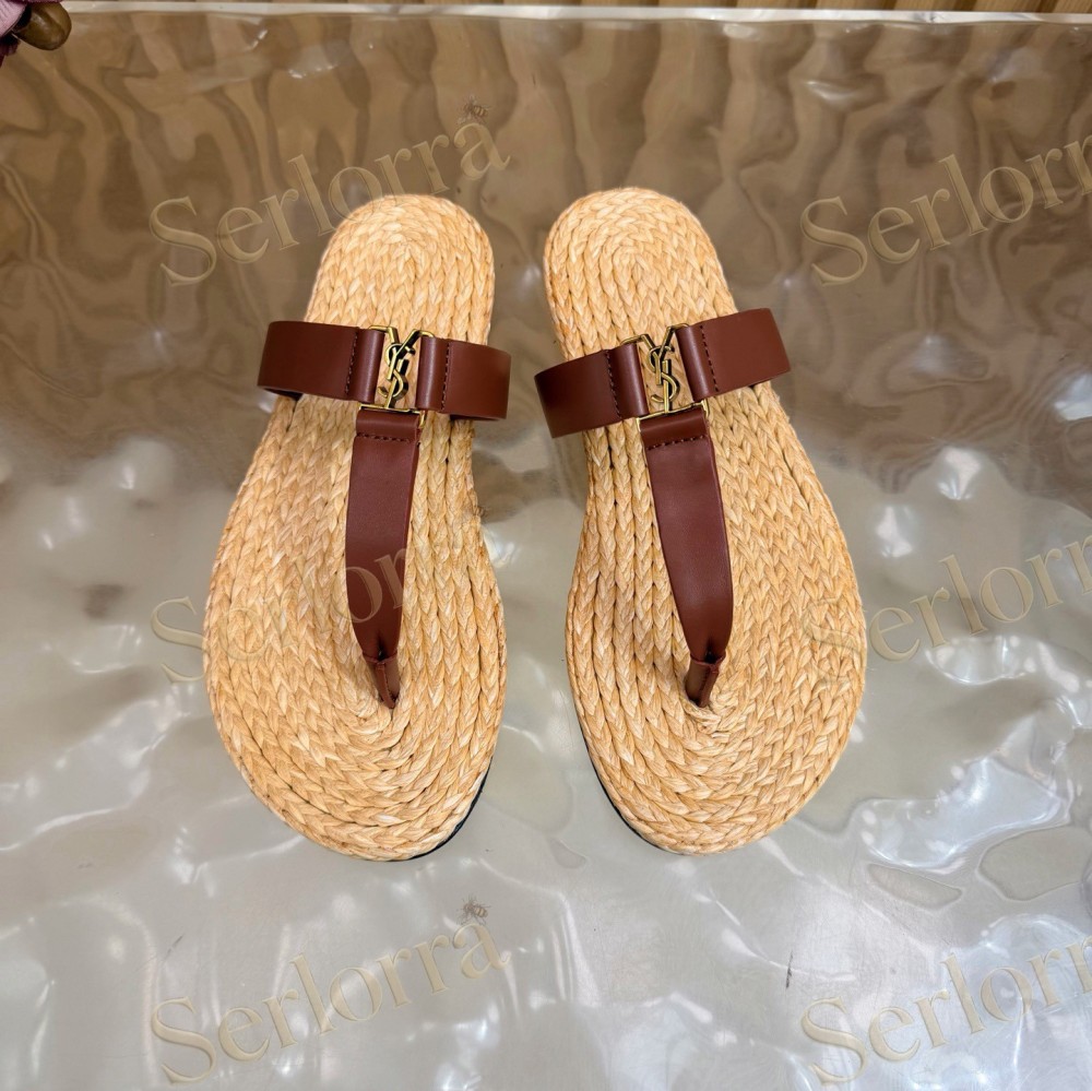 SAINT LAURENT RAFFIA GOLD LOGO LEATHER THONG SANDALS