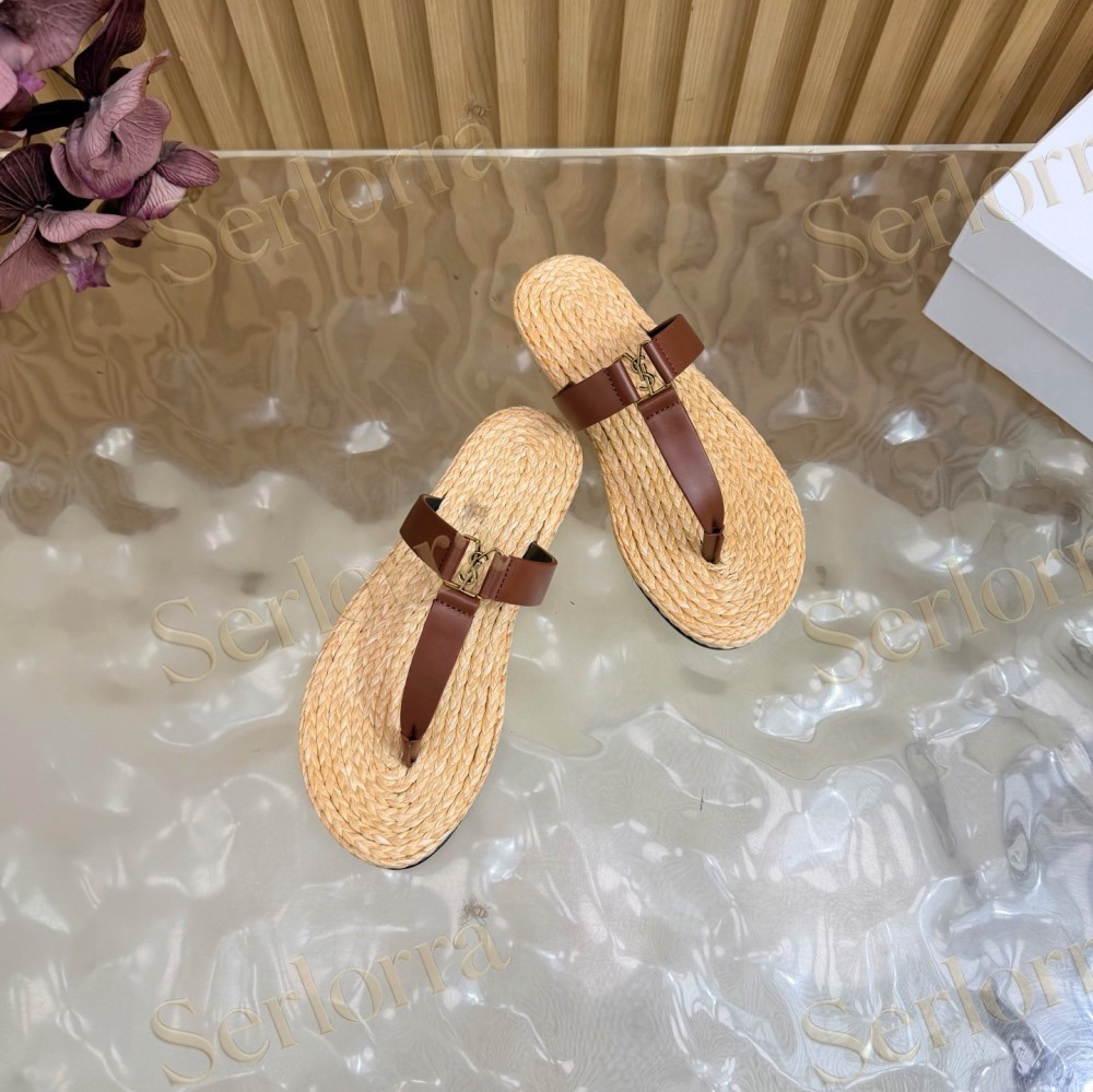 SAINT LAURENT RAFFIA GOLD LOGO LEATHER THONG SANDALS