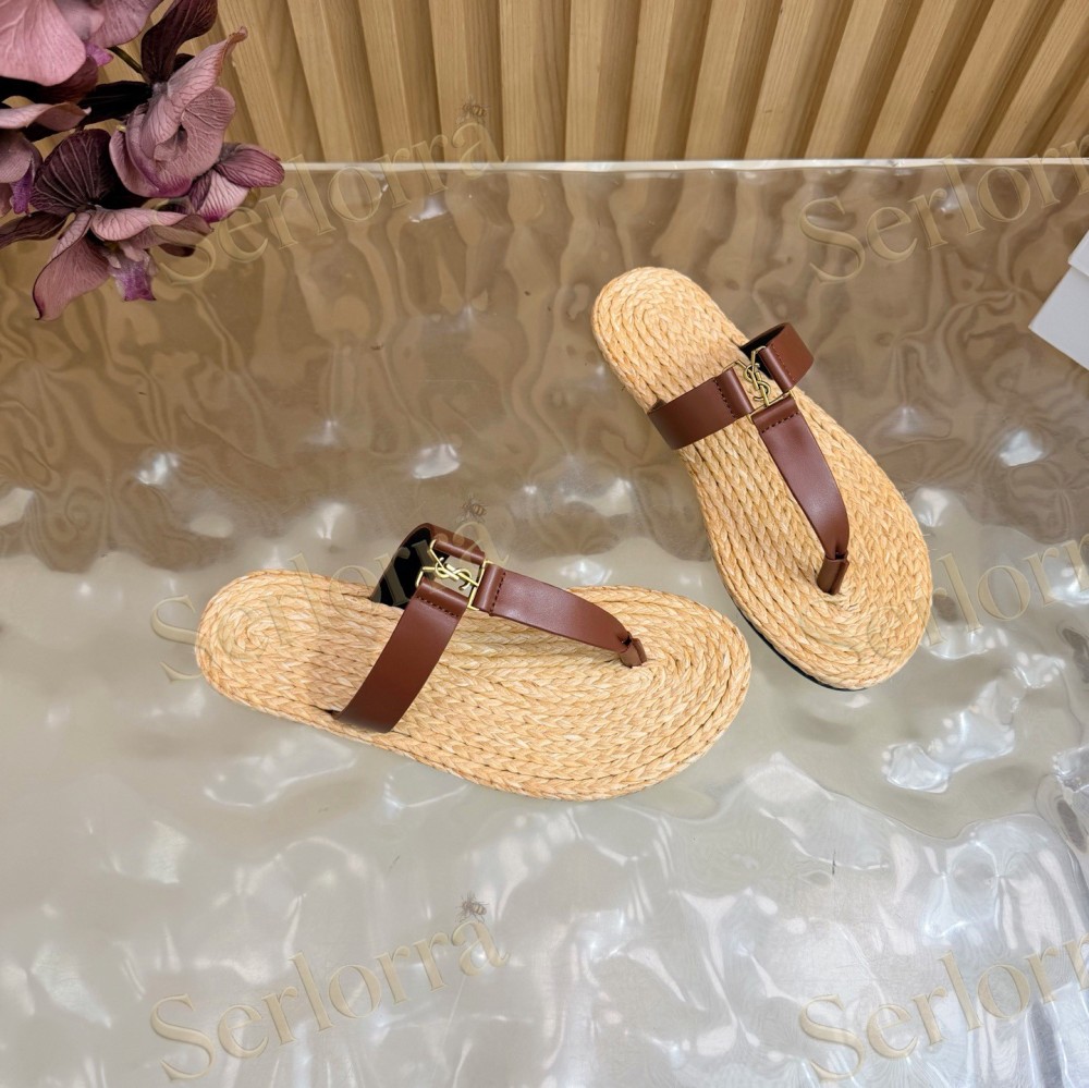 SAINT LAURENT RAFFIA GOLD LOGO LEATHER THONG SANDALS