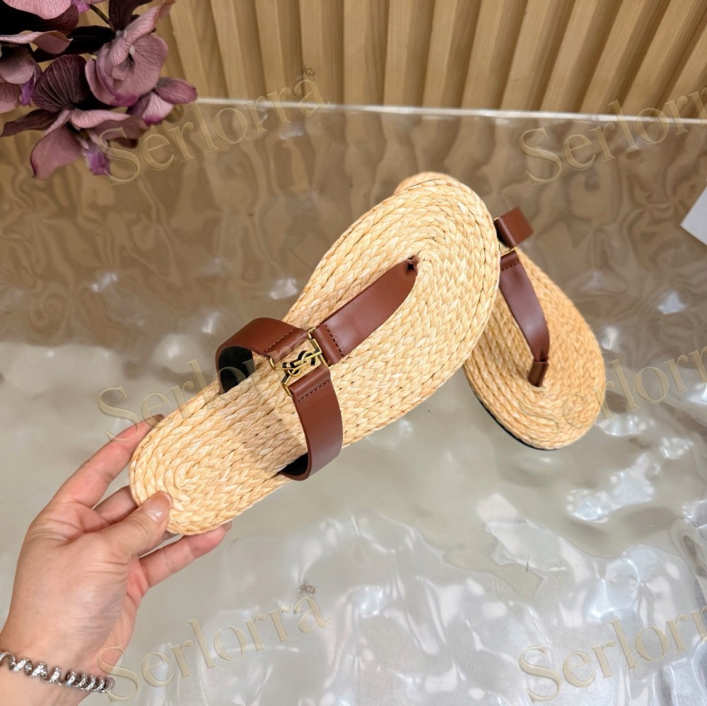 SAINT LAURENT RAFFIA GOLD LOGO LEATHER THONG SANDALS