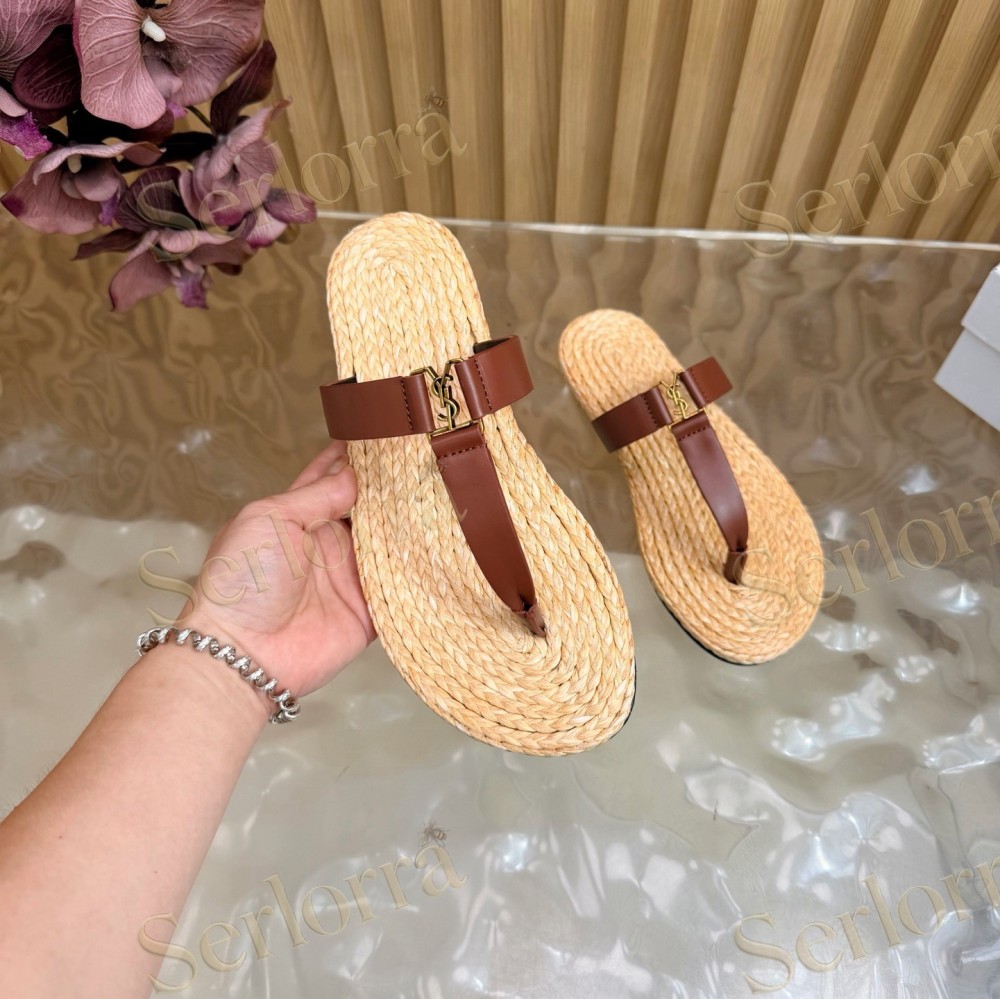 SAINT LAURENT RAFFIA GOLD LOGO LEATHER THONG SANDALS