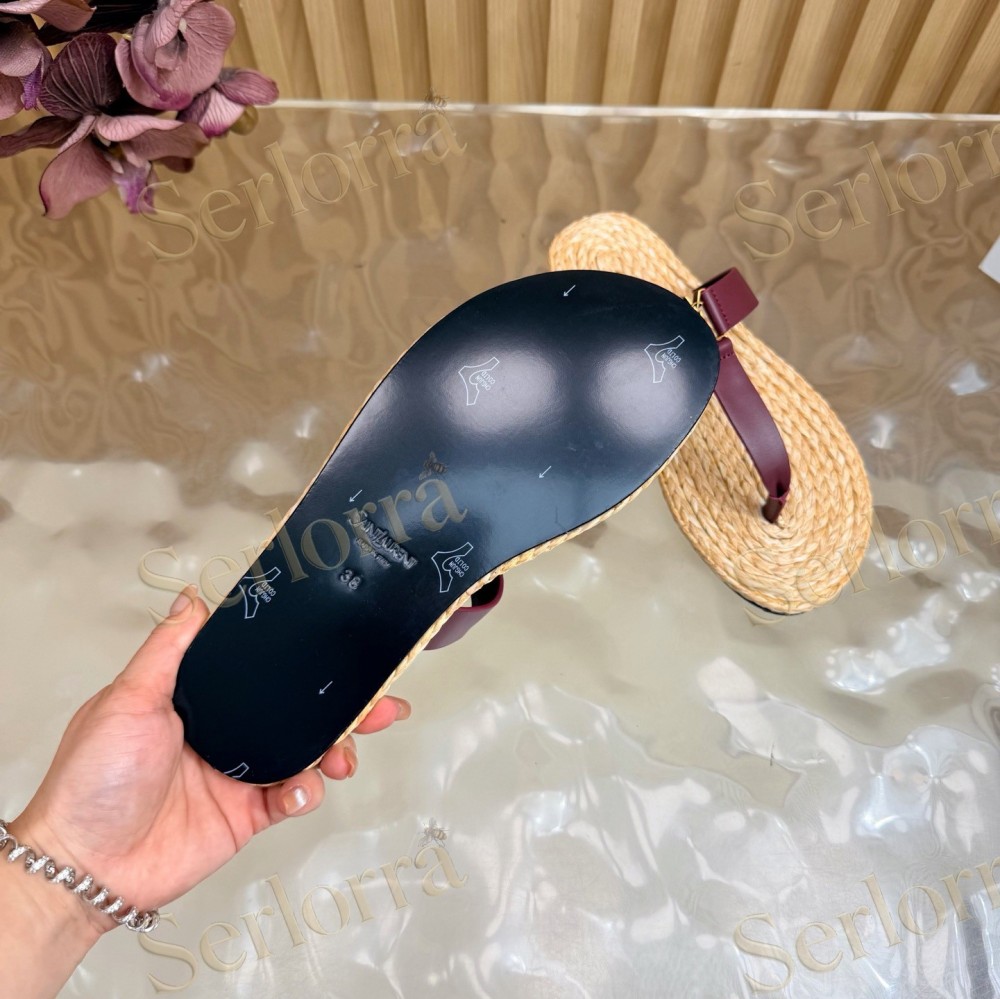 SAINT LAURENT RAFFIA GOLD LOGO LEATHER THONG SANDALS