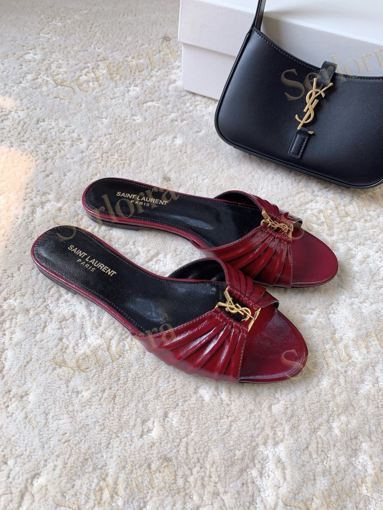 SAINT LAURENT WHITE RUCHED FLAT SLIDE SANDALS