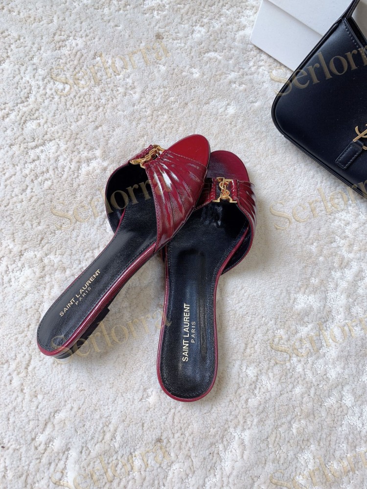 SAINT LAURENT WHITE RUCHED FLAT SLIDE SANDALS