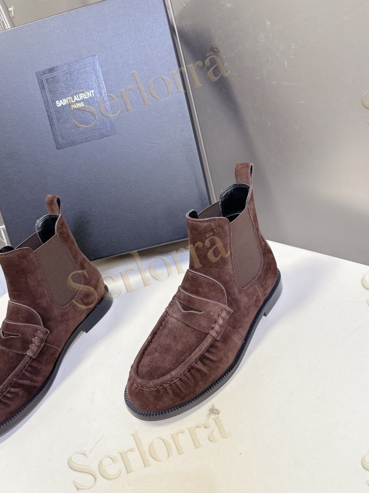 SAINT LAURENT TAN SUEDE CHELSEA LOAFER ANKLE BOOTS
