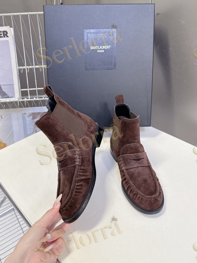 SAINT LAURENT TAN SUEDE CHELSEA LOAFER ANKLE BOOTS