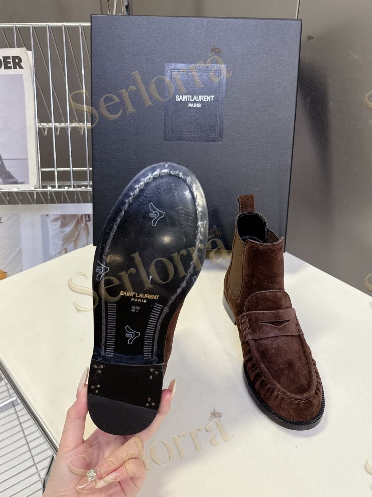 SAINT LAURENT TAN SUEDE CHELSEA LOAFER ANKLE BOOTS