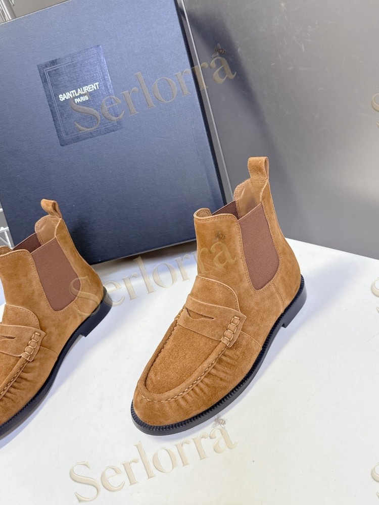 SAINT LAURENT TAN SUEDE CHELSEA LOAFER ANKLE BOOTS