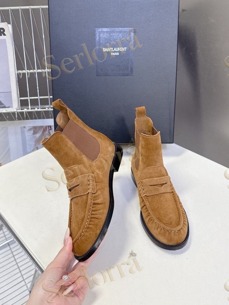 SAINT LAURENT TAN SUEDE CHELSEA LOAFER ANKLE BOOTS