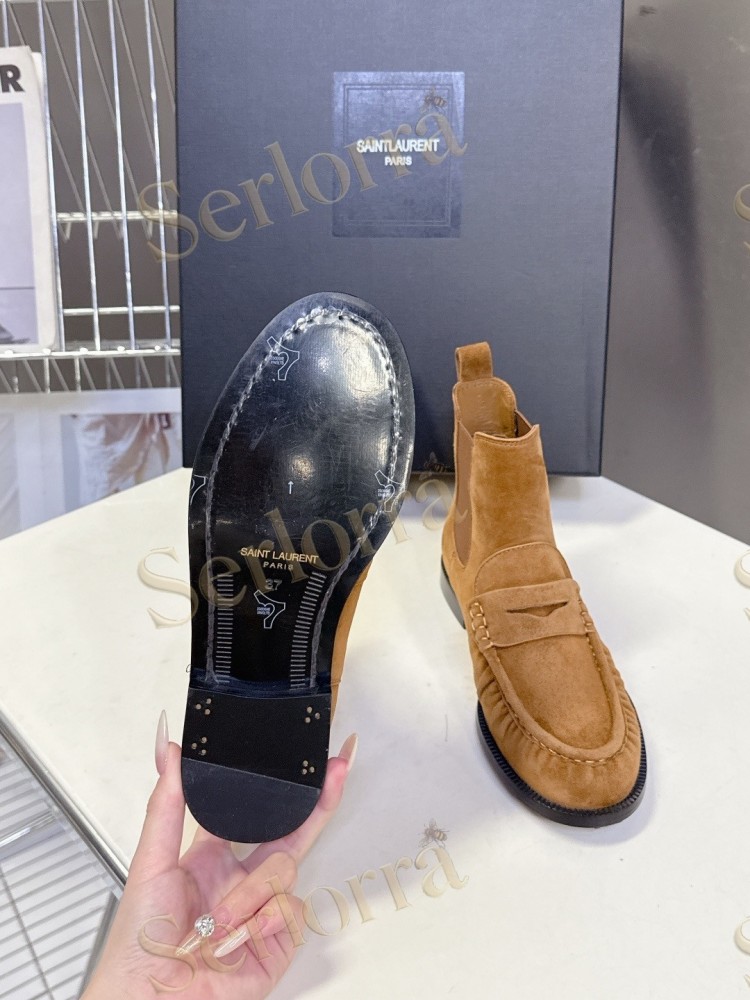 SAINT LAURENT TAN SUEDE CHELSEA LOAFER ANKLE BOOTS
