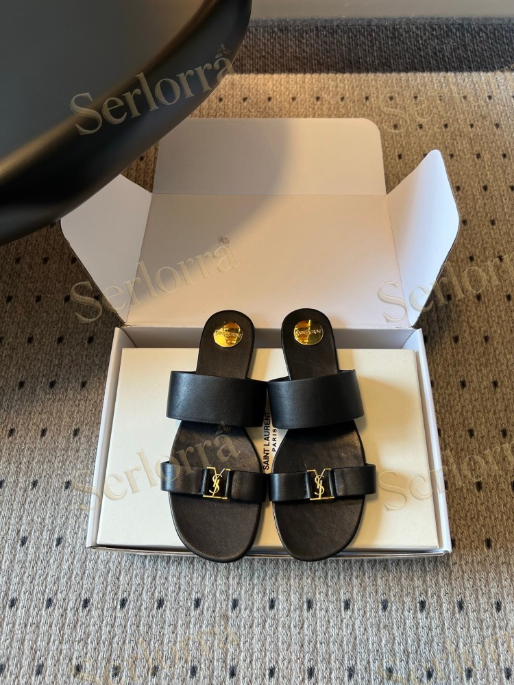 SAINT LAURENT BABYLONE LEATHER SLIDE SANDALS