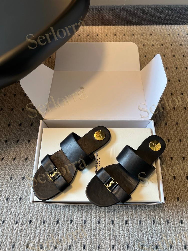 SAINT LAURENT BABYLONE LEATHER SLIDE SANDALS