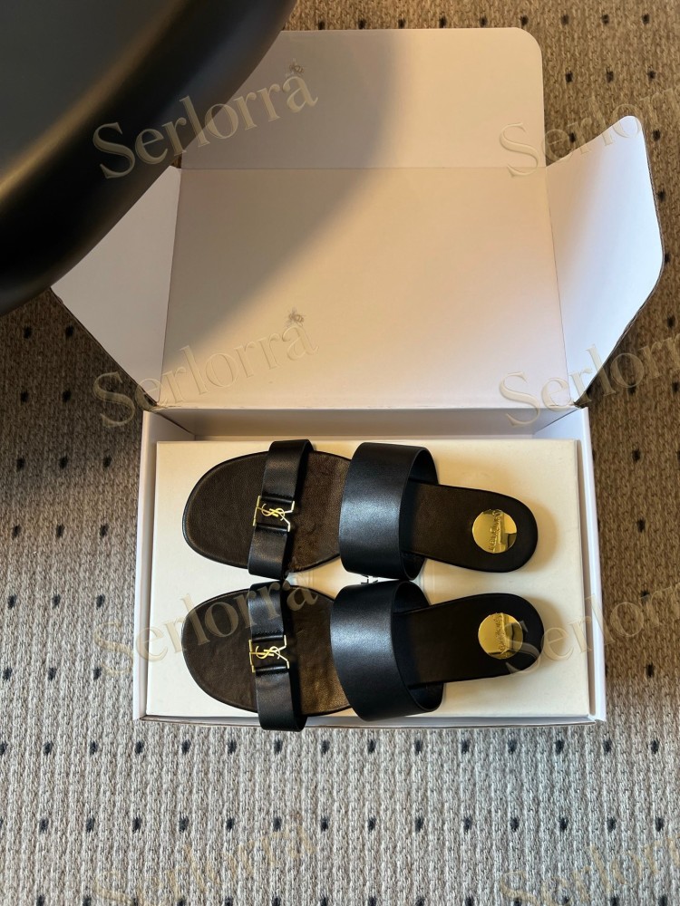 SAINT LAURENT BABYLONE LEATHER SLIDE SANDALS