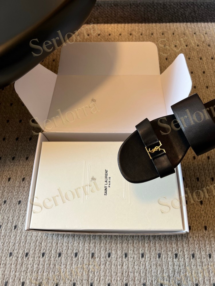 SAINT LAURENT BABYLONE LEATHER SLIDE SANDALS