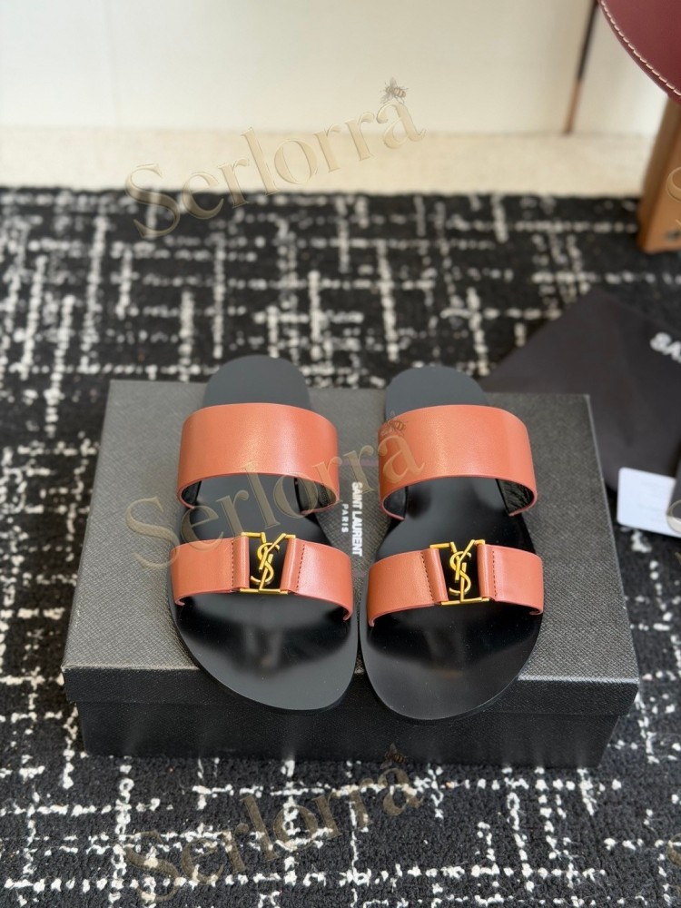 SAINT LAURENT BABYLONE LEATHER SLIDE SANDALS