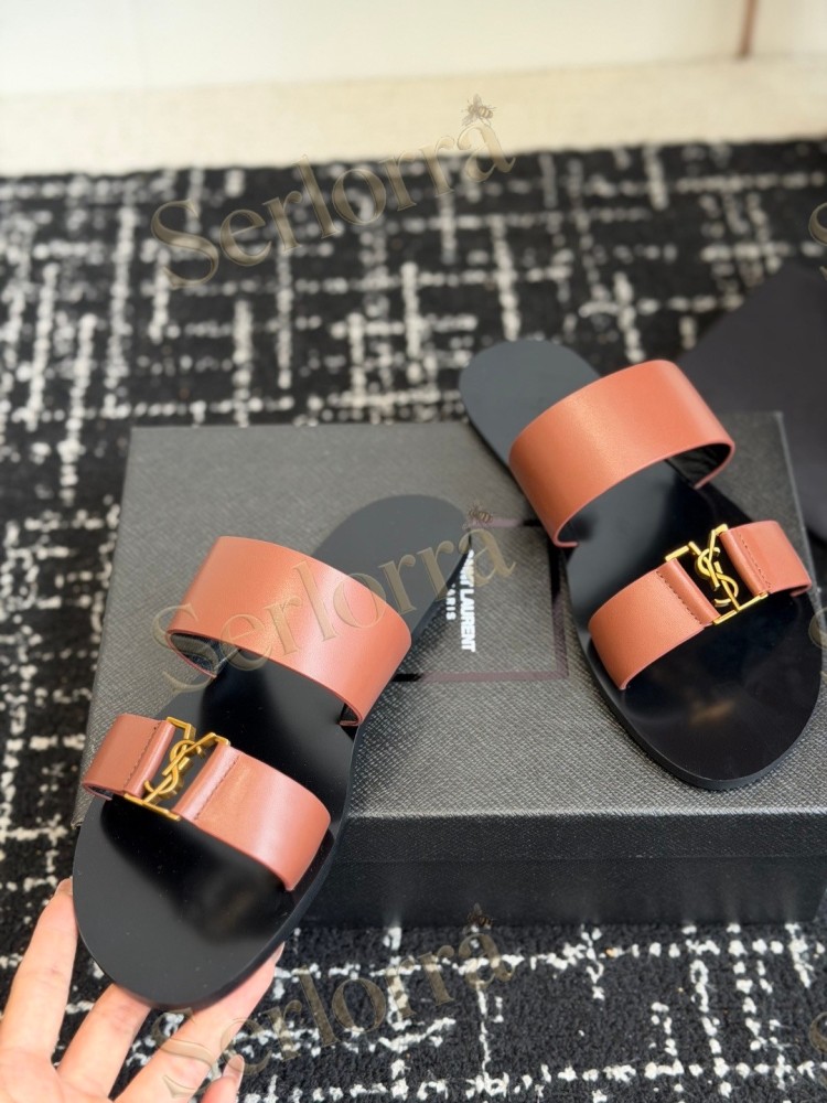 SAINT LAURENT BABYLONE LEATHER SLIDE SANDALS