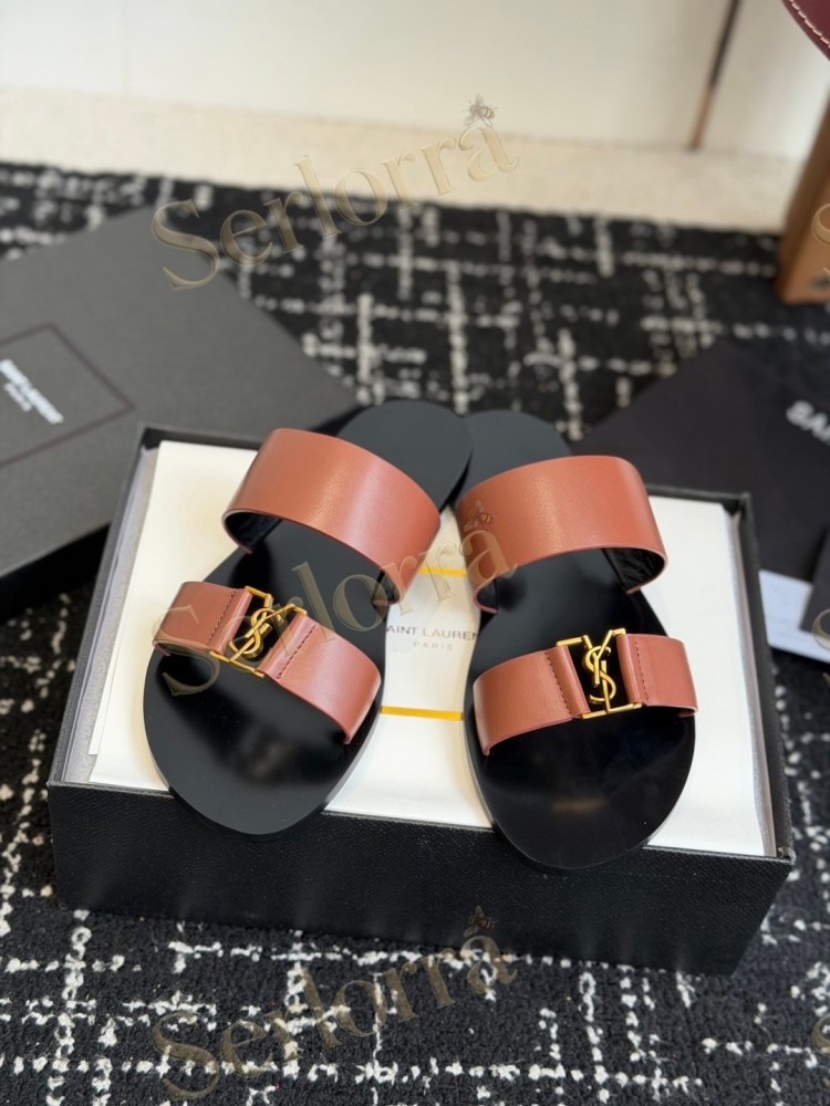 SAINT LAURENT BABYLONE LEATHER SLIDE SANDALS