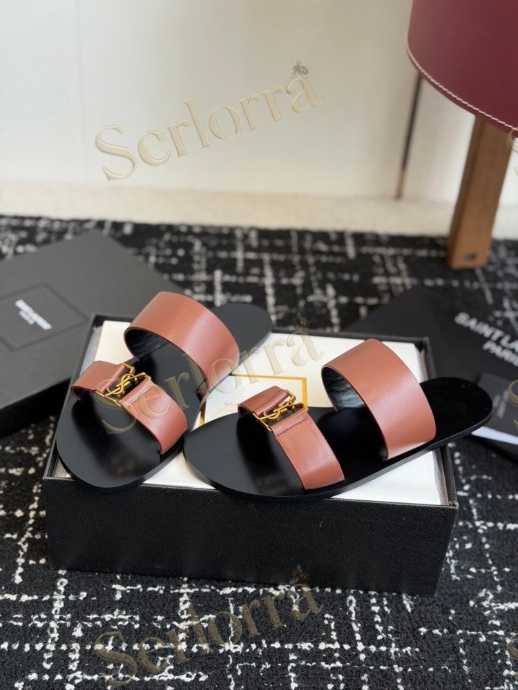 SAINT LAURENT BABYLONE LEATHER SLIDE SANDALS