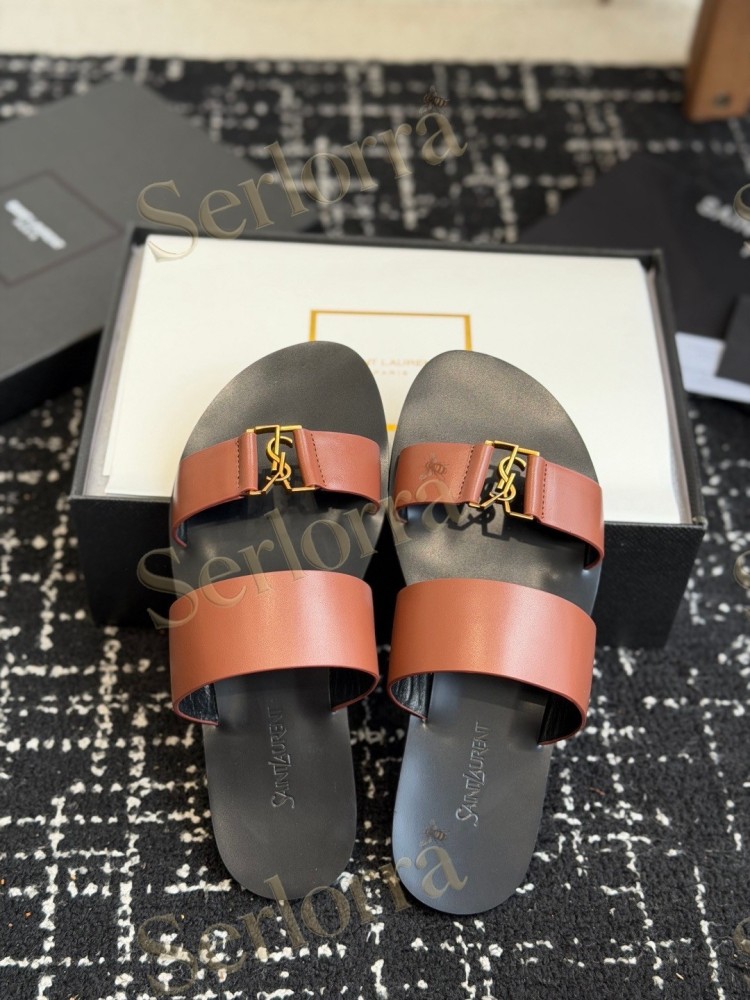 SAINT LAURENT BABYLONE LEATHER SLIDE SANDALS