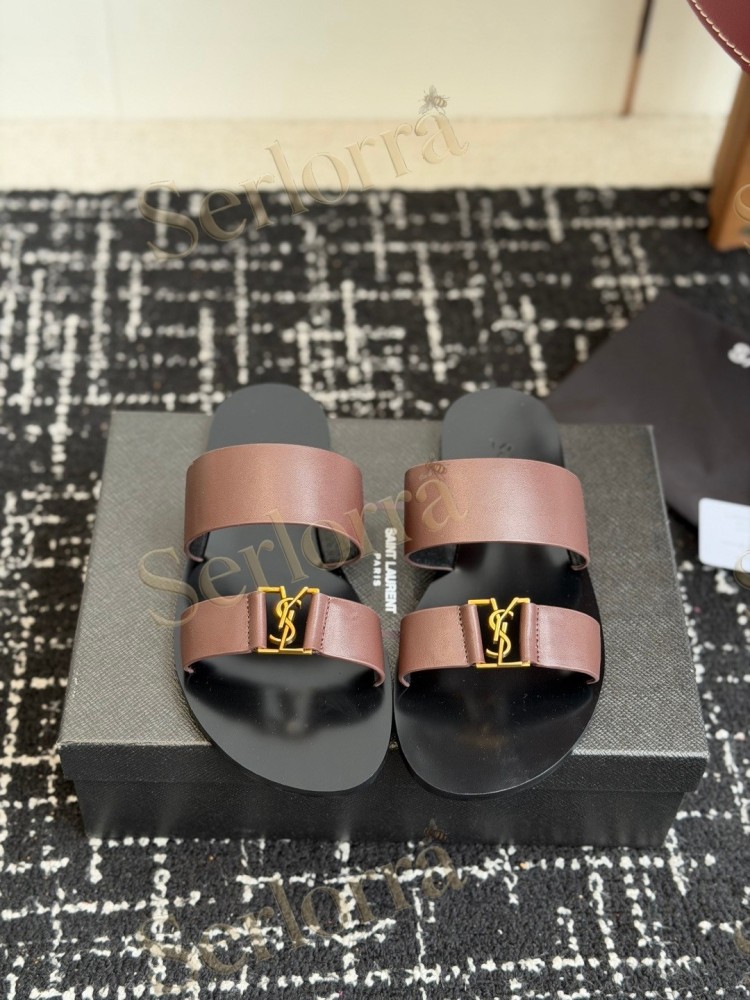 SAINT LAURENT BABYLONE LEATHER SLIDE SANDALS