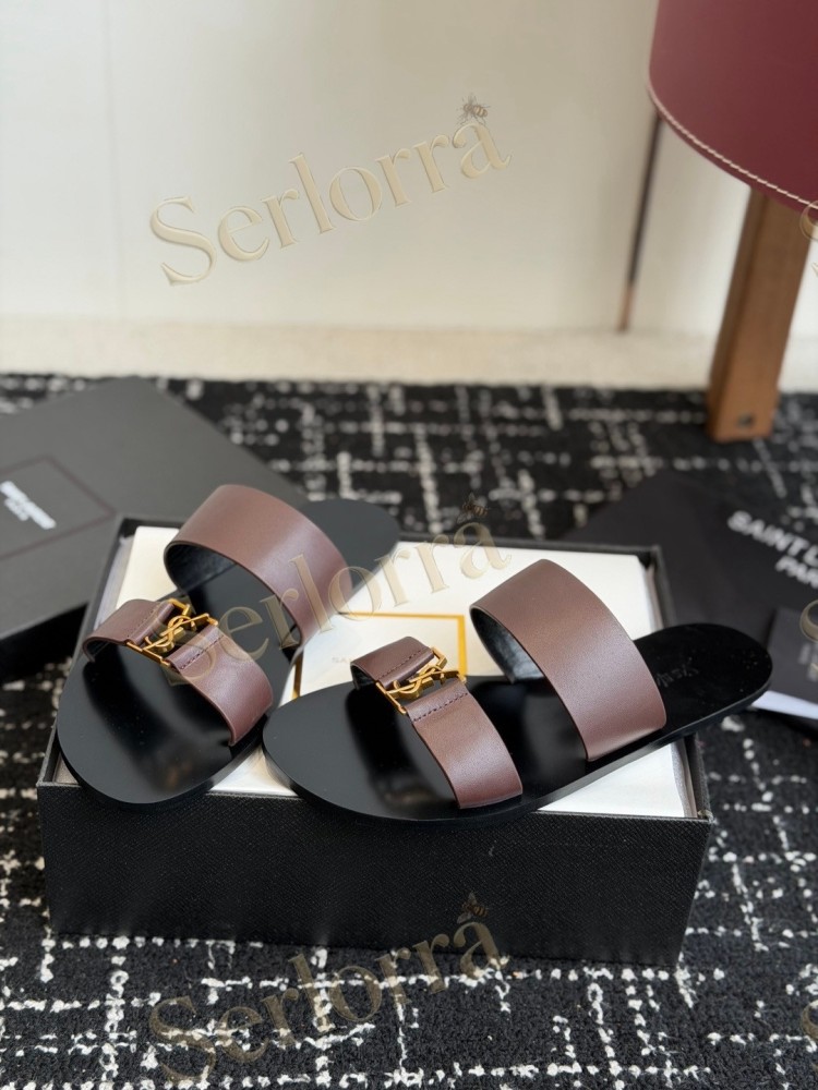 SAINT LAURENT BABYLONE LEATHER SLIDE SANDALS