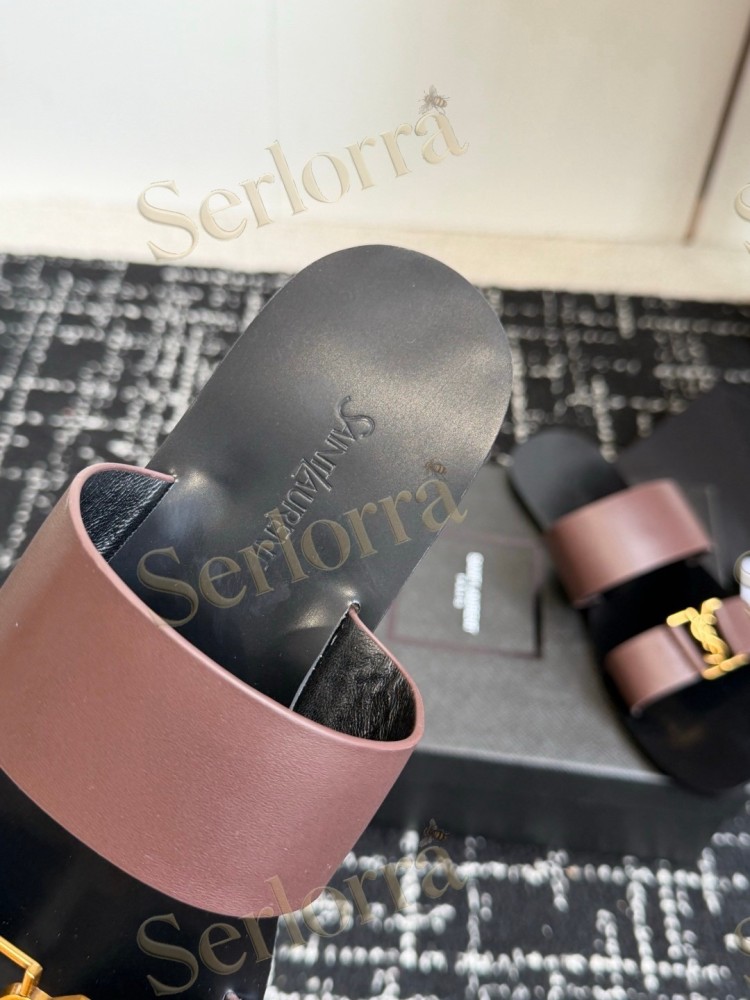 SAINT LAURENT BABYLONE LEATHER SLIDE SANDALS