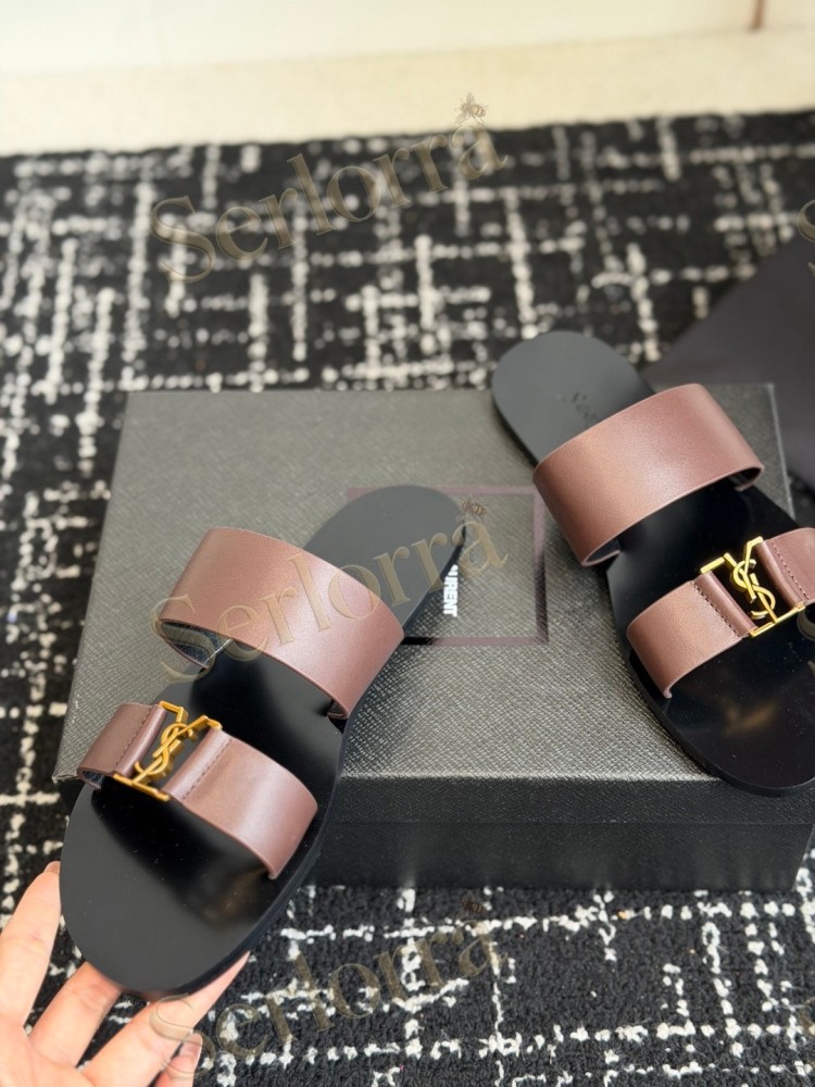 SAINT LAURENT BABYLONE LEATHER SLIDE SANDALS