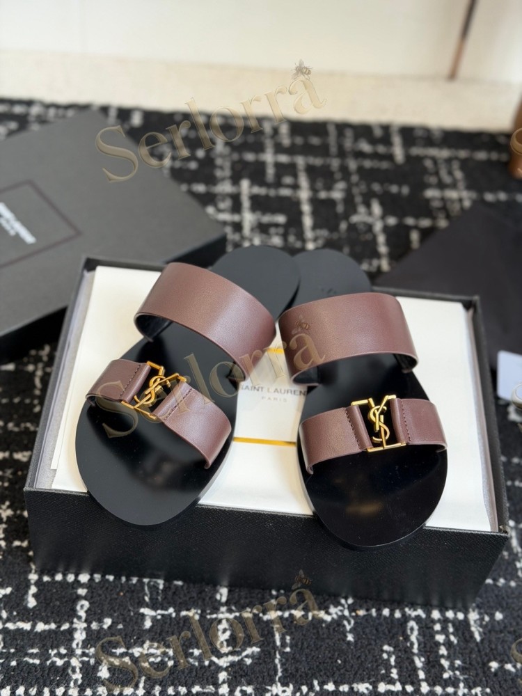 SAINT LAURENT BABYLONE LEATHER SLIDE SANDALS