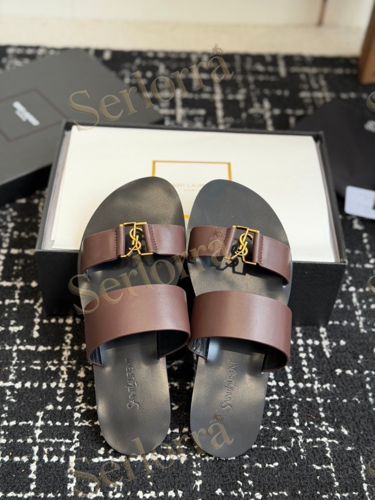 SAINT LAURENT BABYLONE LEATHER SLIDE SANDALS