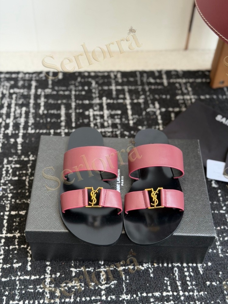 SAINT LAURENT BABYLONE LEATHER SLIDE SANDALS