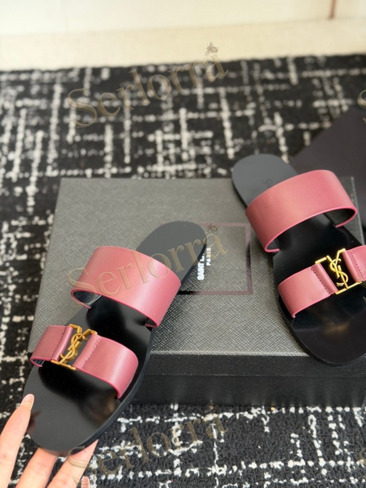SAINT LAURENT BABYLONE LEATHER SLIDE SANDALS