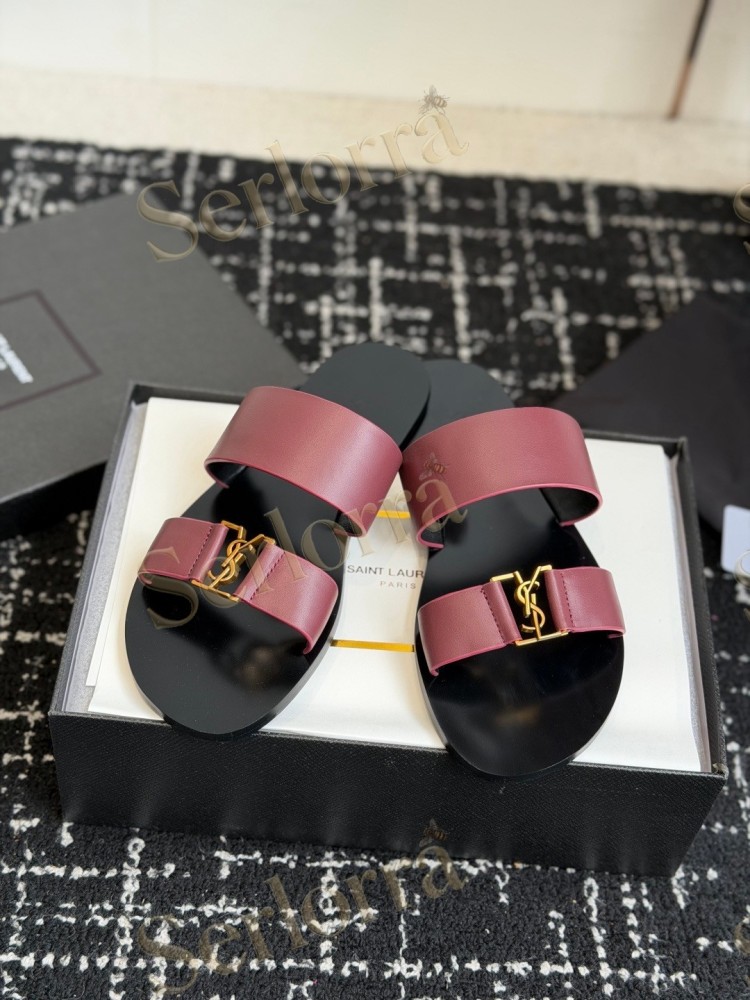 SAINT LAURENT BABYLONE LEATHER SLIDE SANDALS