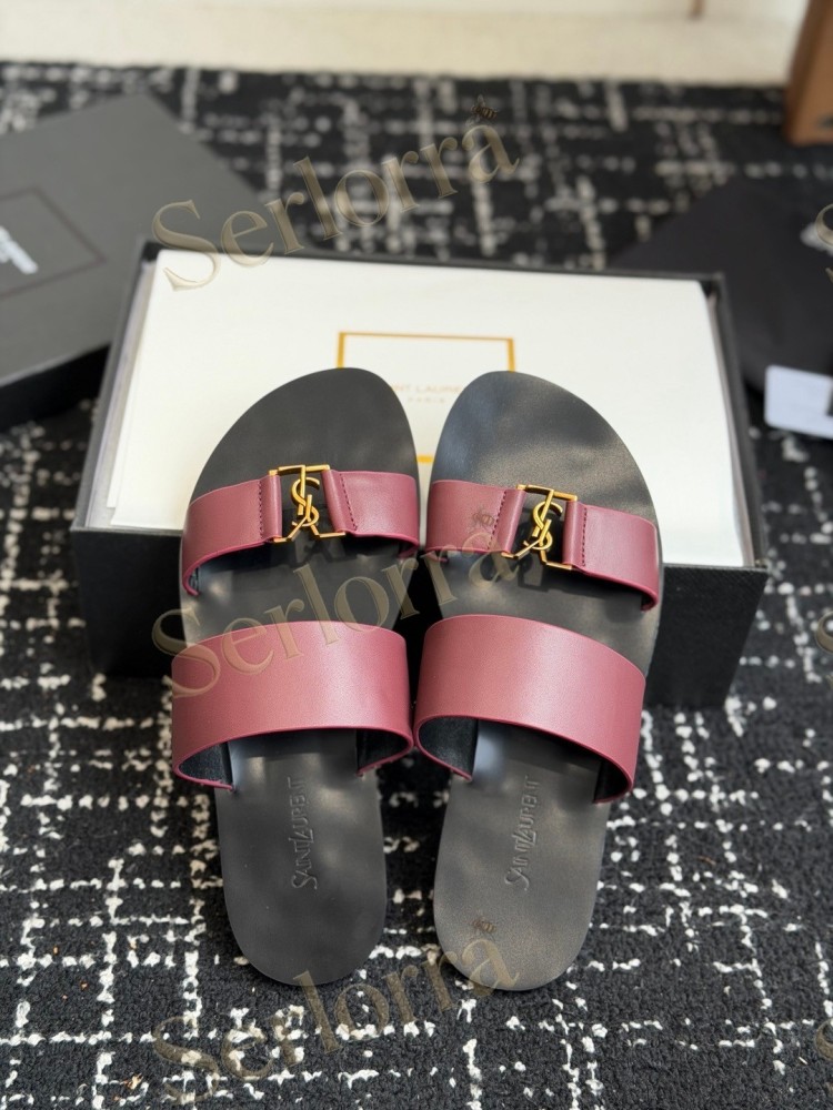 SAINT LAURENT BABYLONE LEATHER SLIDE SANDALS
