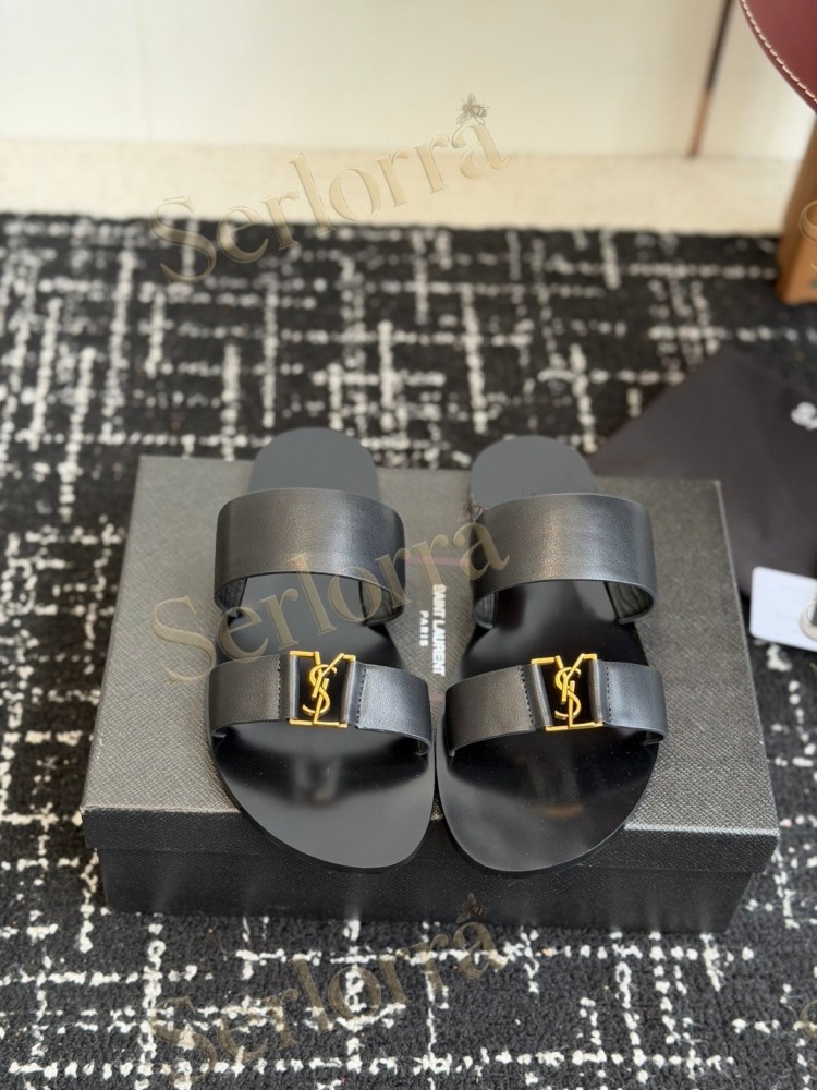 SAINT LAURENT BABYLONE LEATHER SLIDE SANDALS
