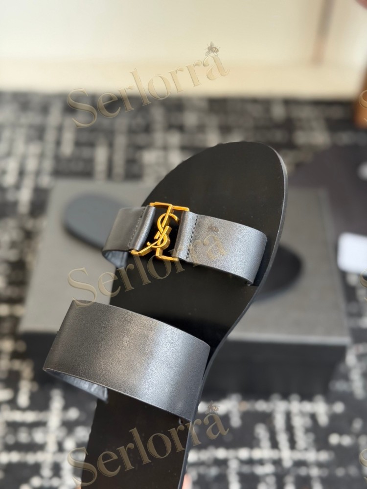 SAINT LAURENT BABYLONE LEATHER SLIDE SANDALS