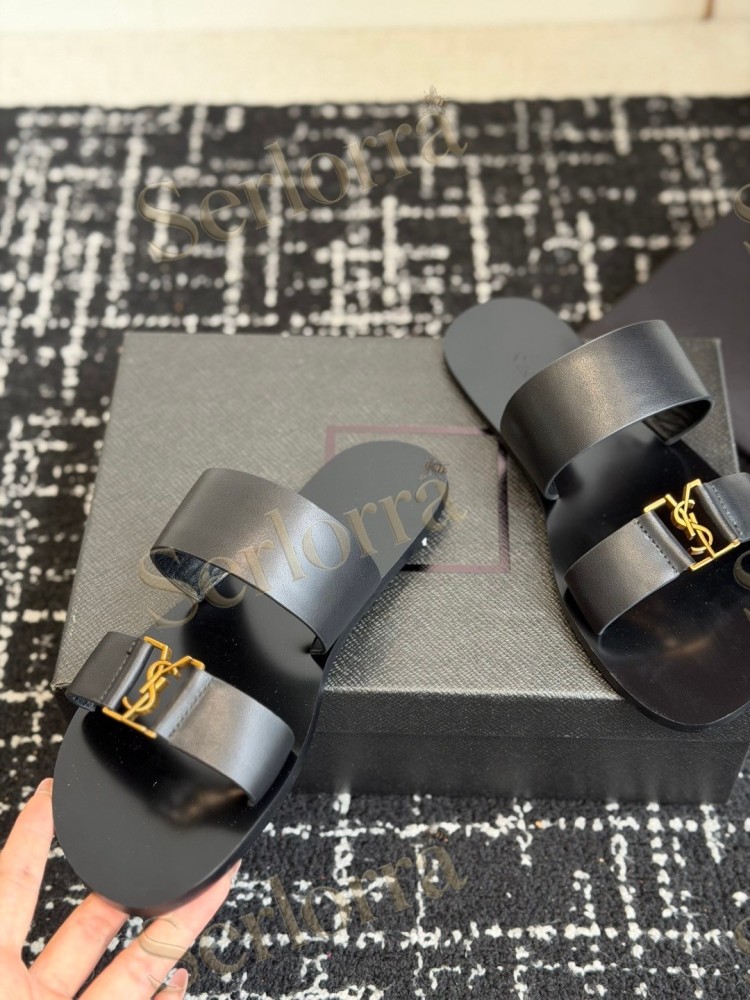 SAINT LAURENT BABYLONE LEATHER SLIDE SANDALS