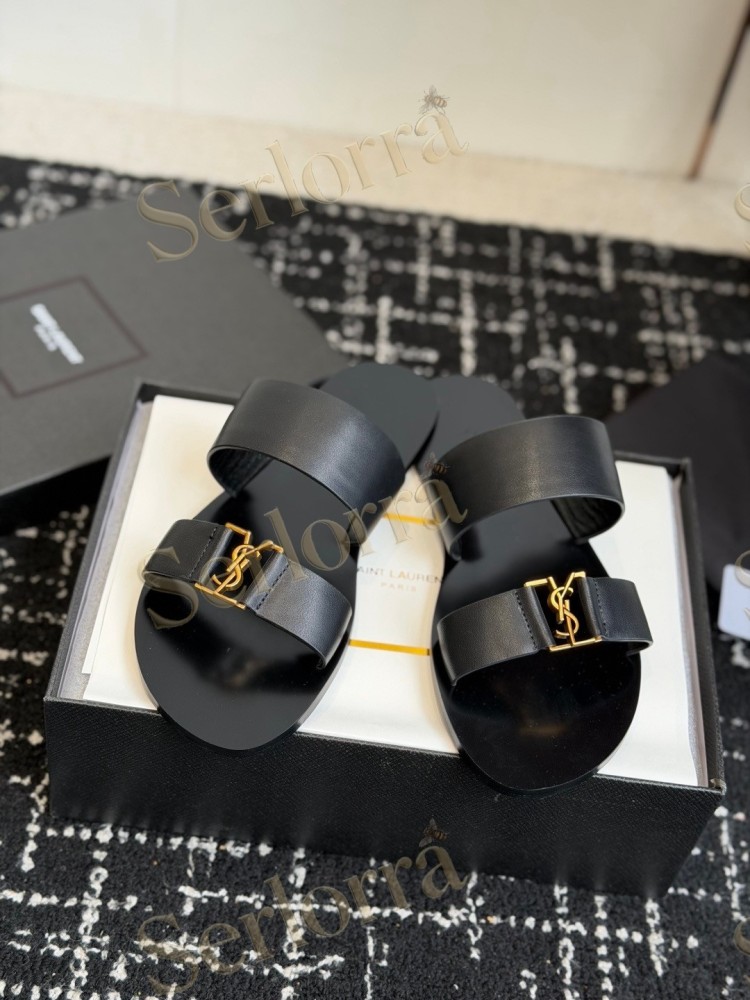 SAINT LAURENT BABYLONE LEATHER SLIDE SANDALS