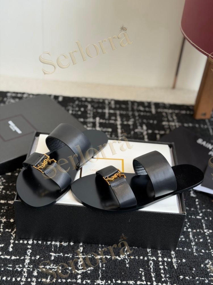 SAINT LAURENT BABYLONE LEATHER SLIDE SANDALS