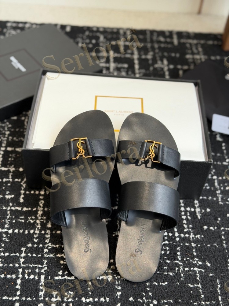 SAINT LAURENT BABYLONE LEATHER SLIDE SANDALS