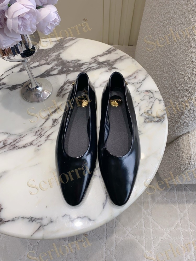 SAINT LAURENT BLACK SHINY LEATHER POINTED-TOE FLAT BALLET SHOES