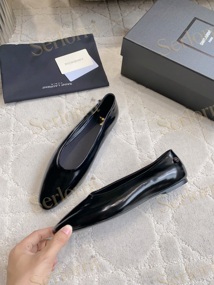 SAINT LAURENT BLACK SHINY LEATHER POINTED-TOE FLAT BALLET SHOES