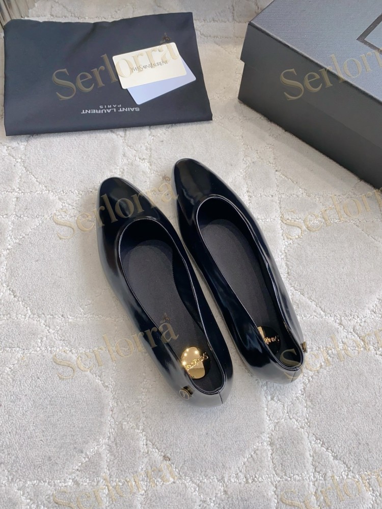 SAINT LAURENT BLACK SHINY LEATHER POINTED-TOE FLAT BALLET SHOES