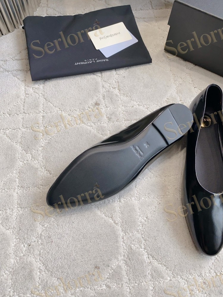 SAINT LAURENT BLACK SHINY LEATHER POINTED-TOE FLAT BALLET SHOES