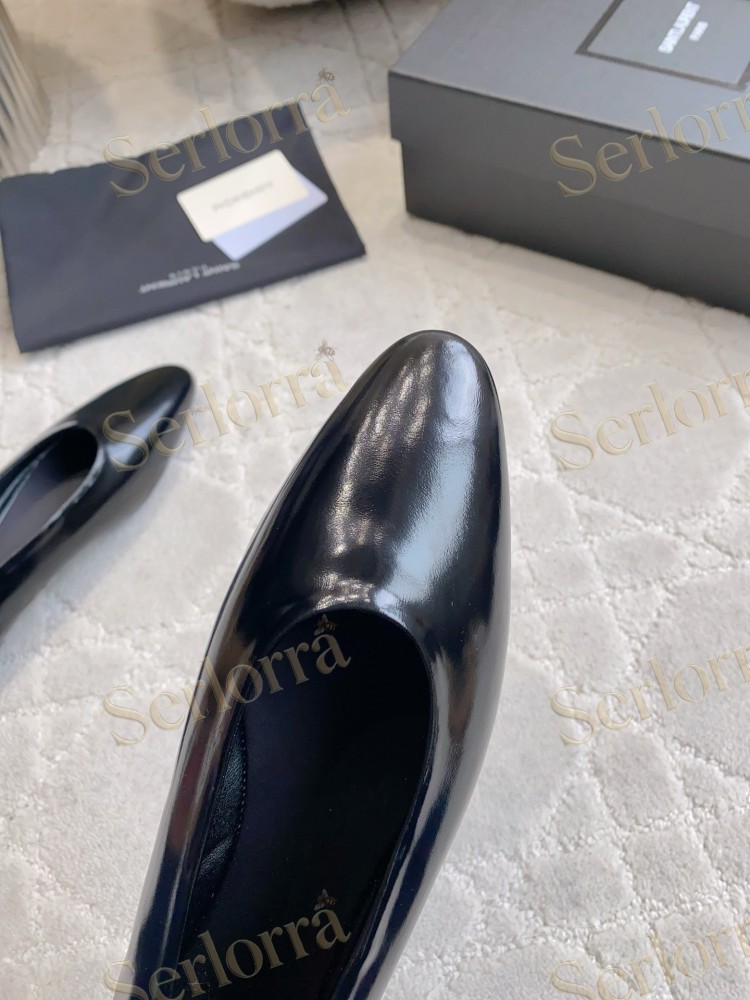 SAINT LAURENT BLACK SHINY LEATHER POINTED-TOE FLAT BALLET SHOES