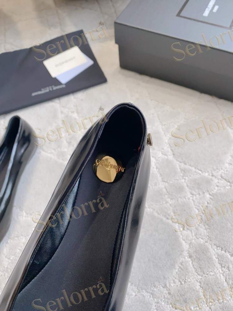 SAINT LAURENT BLACK SHINY LEATHER POINTED-TOE FLAT BALLET SHOES