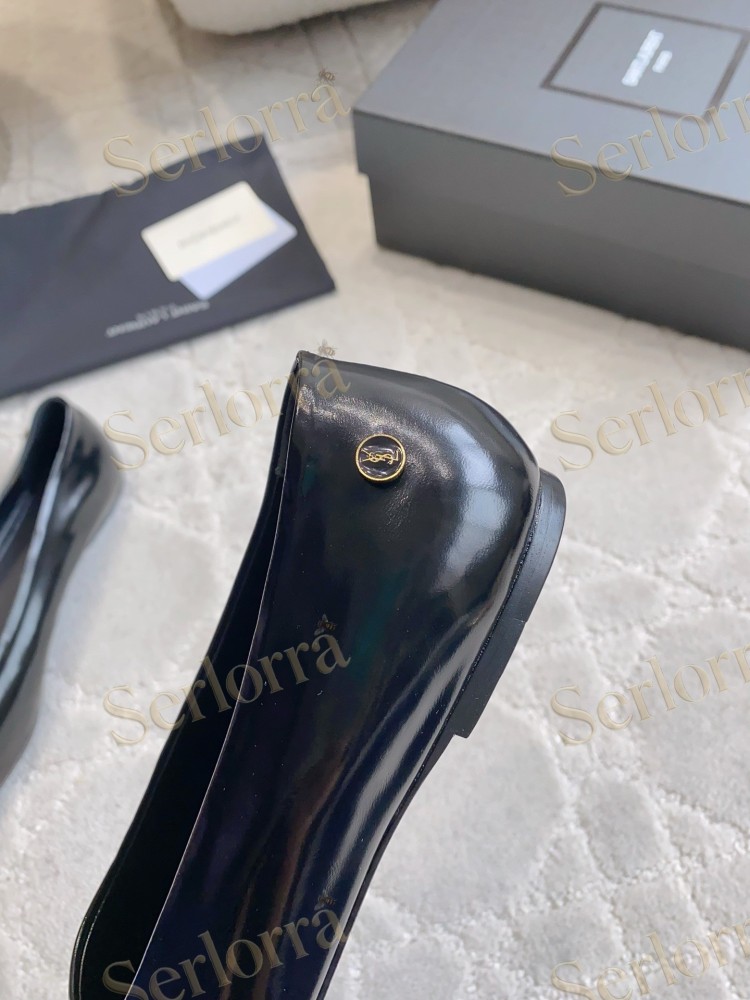 SAINT LAURENT BLACK SHINY LEATHER POINTED-TOE FLAT BALLET SHOES