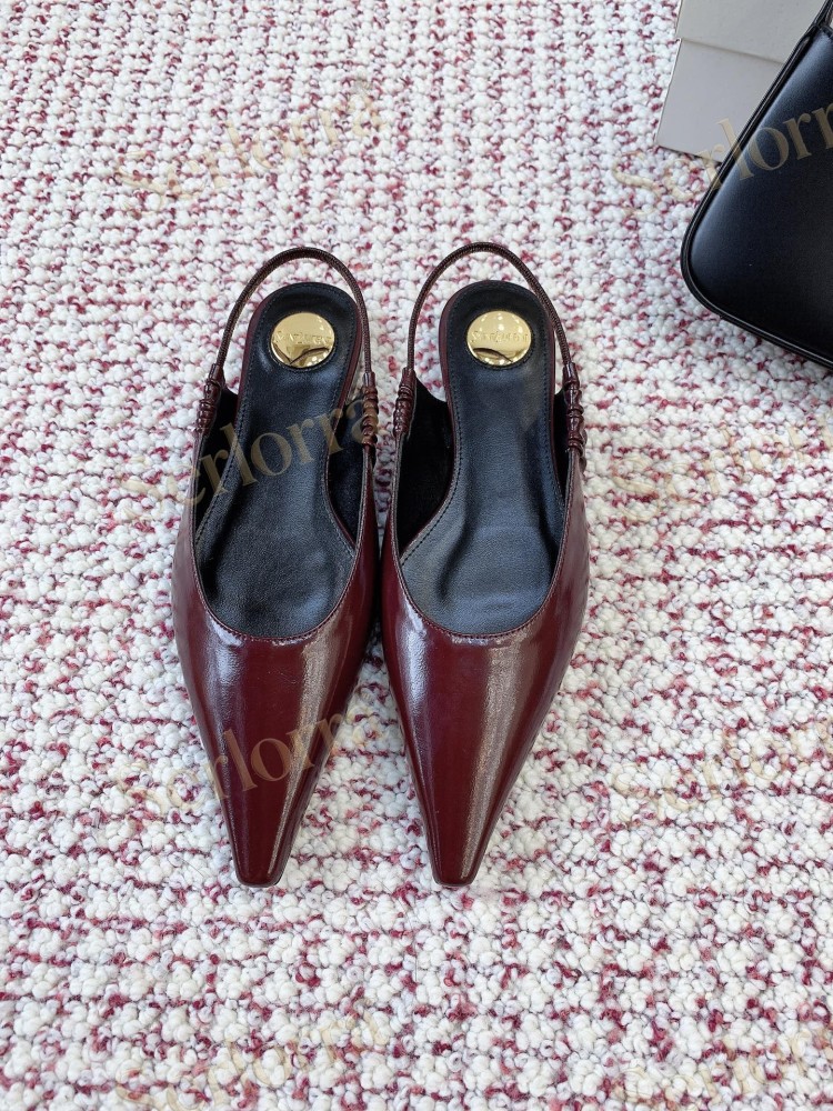 SAINT LAURENT CAMEL SHINY PATENT LEATHER POINTED‑TOE SLINGBACK FLAT SHOES